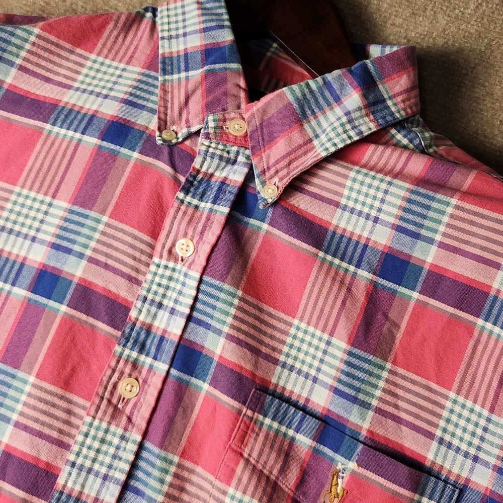 Polo‎ Ralph Lauren Shirt Mens L Red Blue Plaid Button Down Short Sleeve Cotton